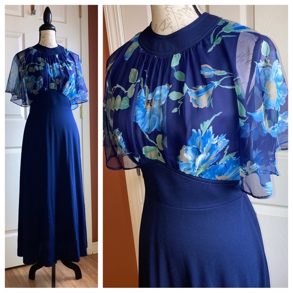 Vintage Dresses & Skirts - Vintage 70s Flutter Sleeve High Neckline Maxi Dress Floral Navy Formal Wedding